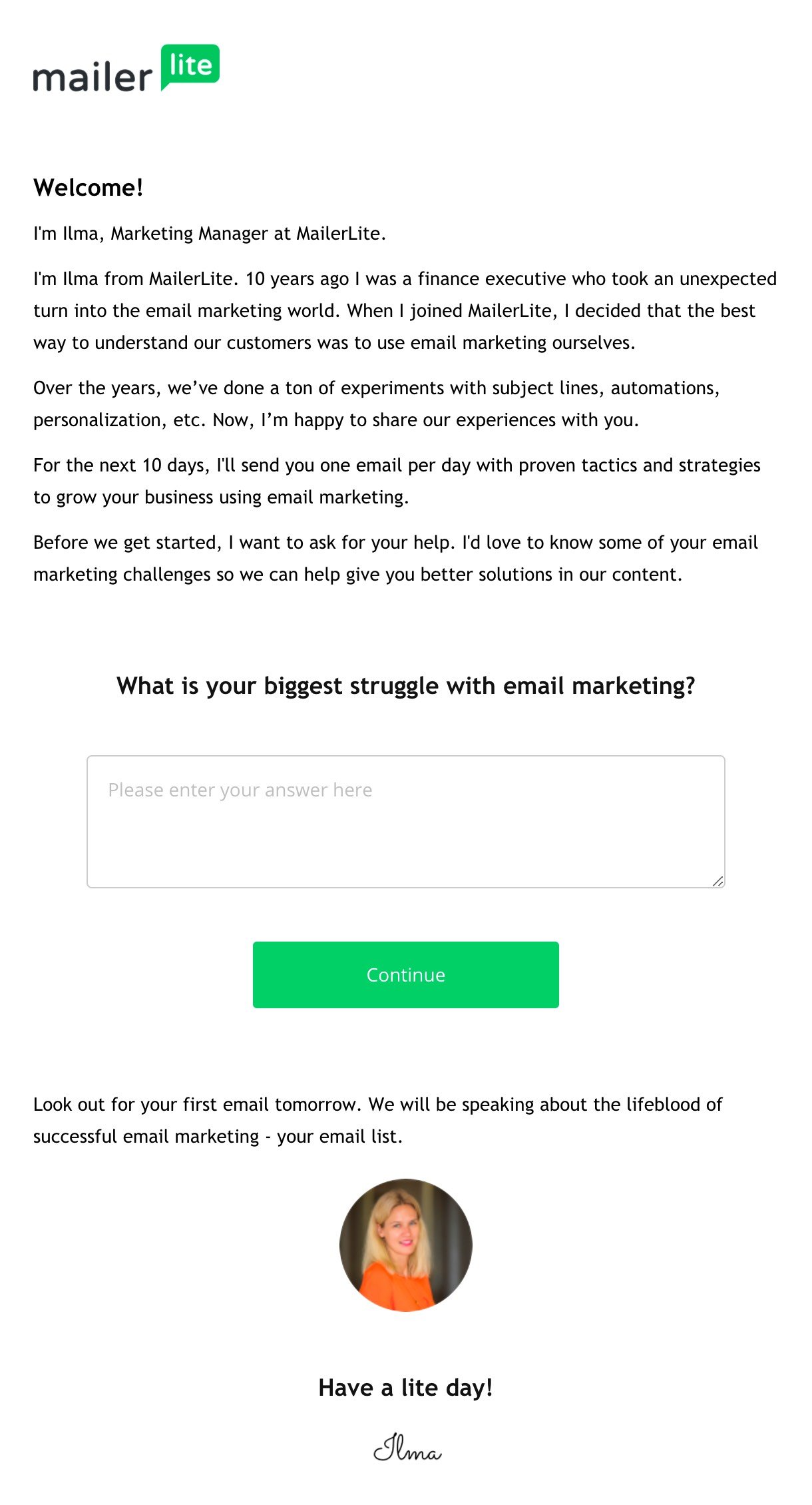 Welcome email blog newsletter - MailerLite