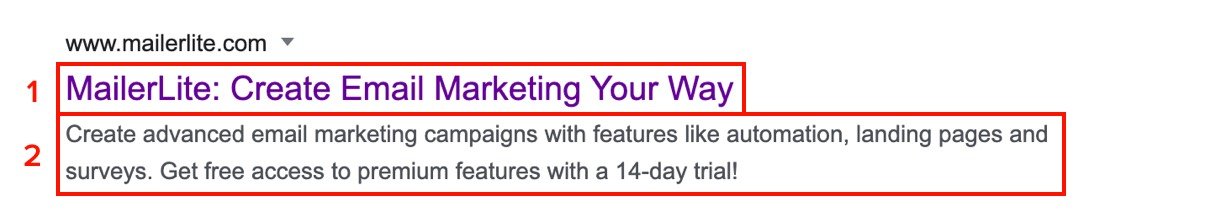 MailerLite search result example meta title meta description