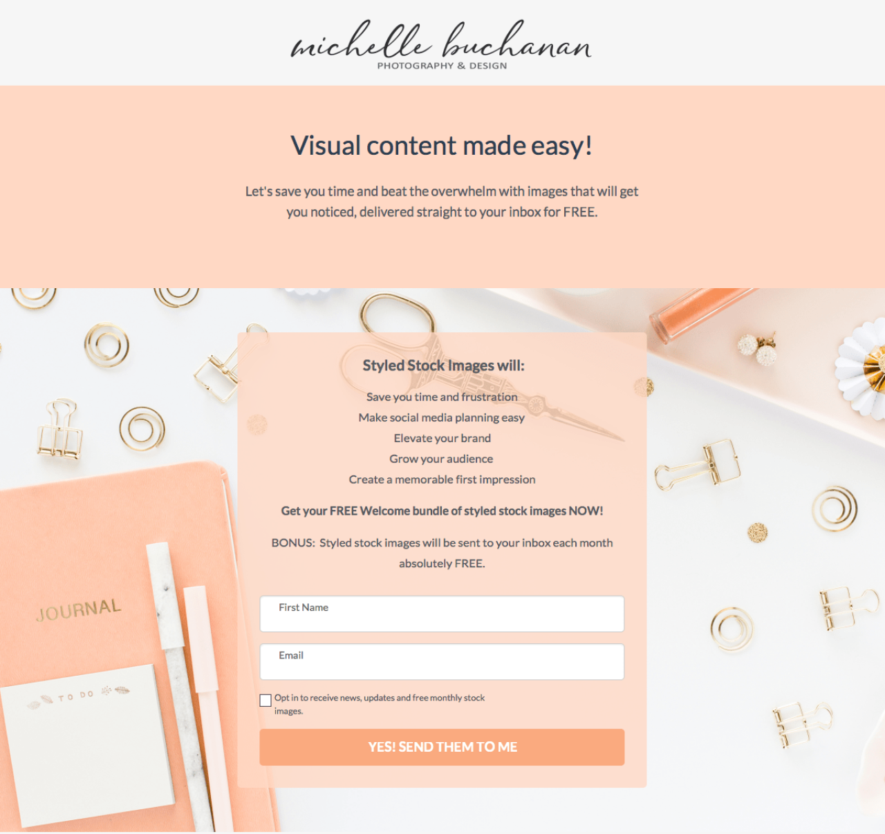 Michelle Buchanan photography and design stock images landing page built with - MailerLite