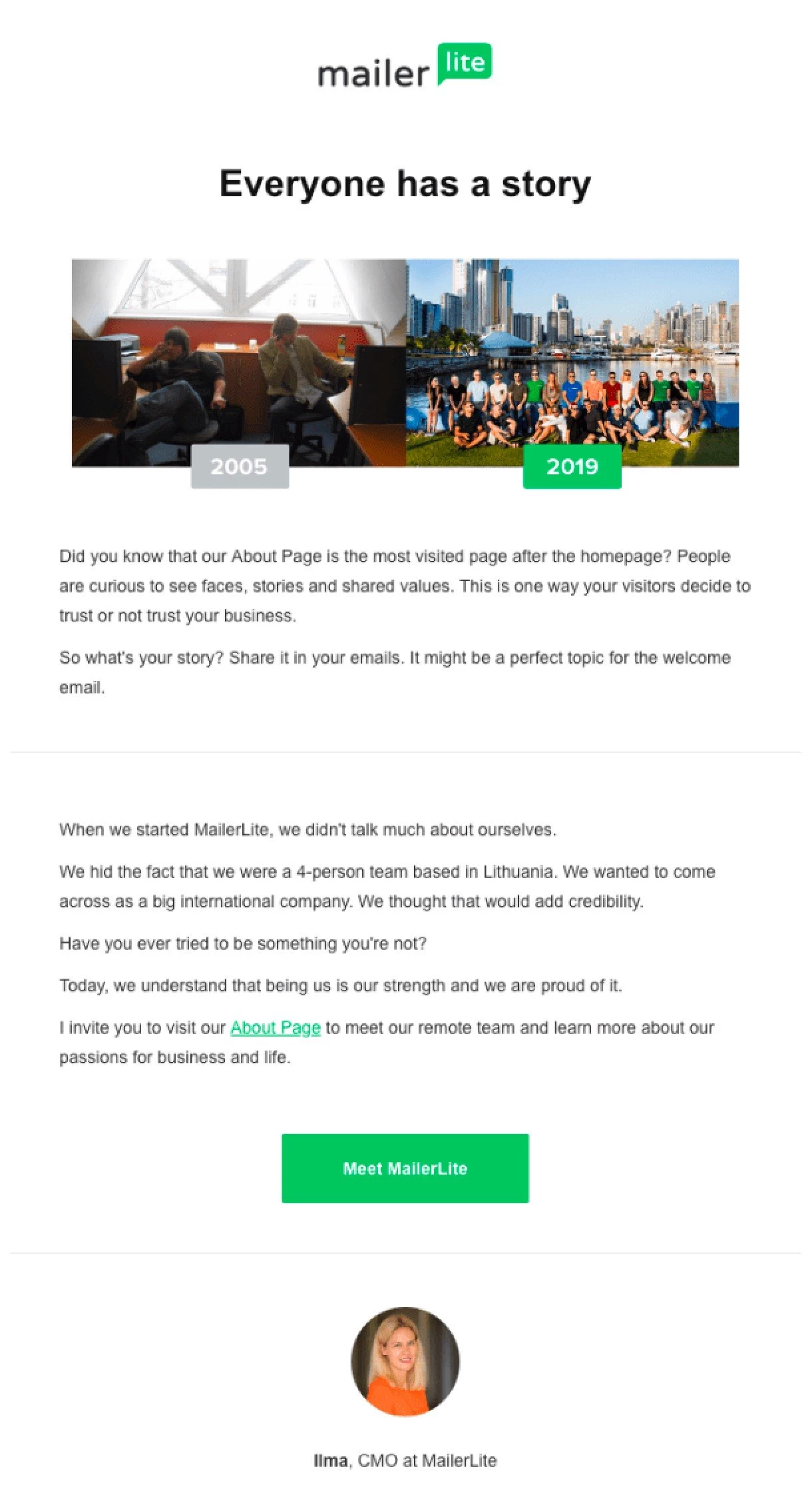 MailerLite about us page email example